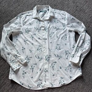 Perry Ellis White Blue Green Floral Men's XL Cotton Stretch Buttondown Preppy